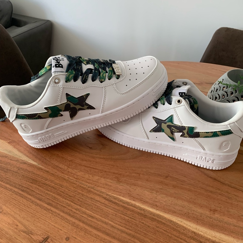 Bape White and Green Camo Sneakers